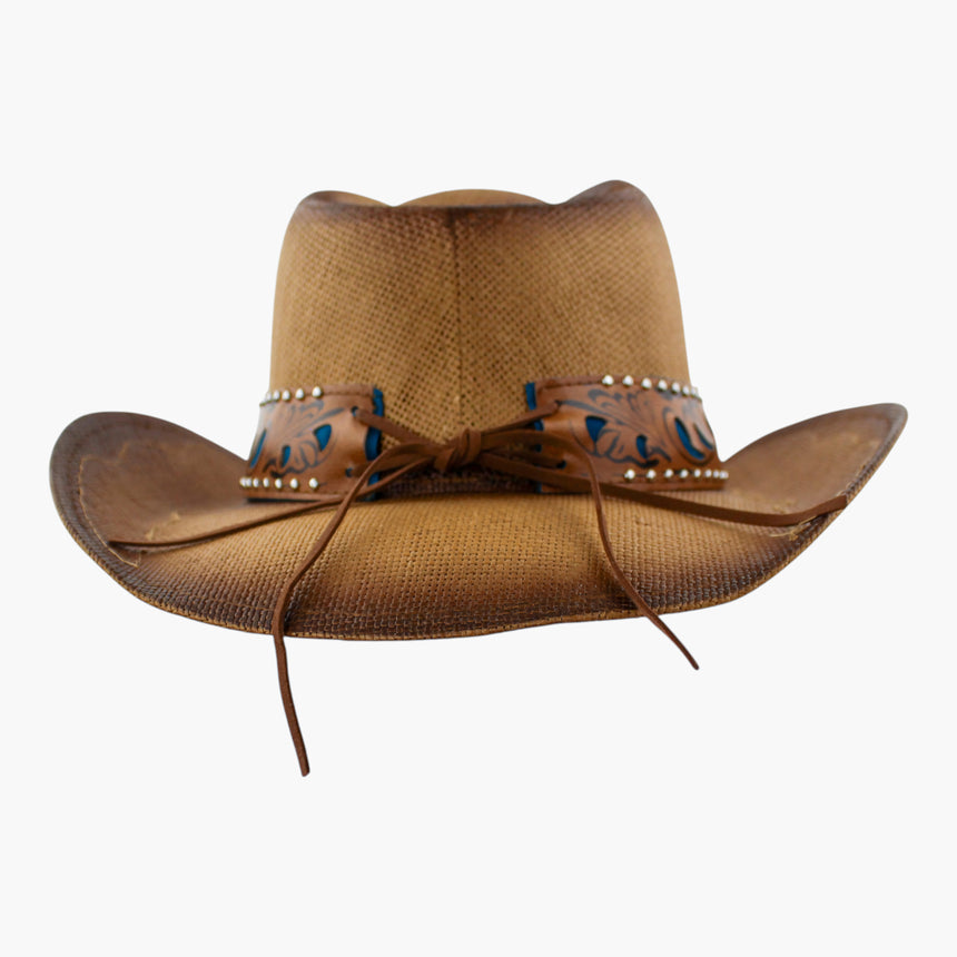 Blue-Tooled Straw Western hat, back view of the Camel colorway showing the squared band ends where the faux-suede tie knots