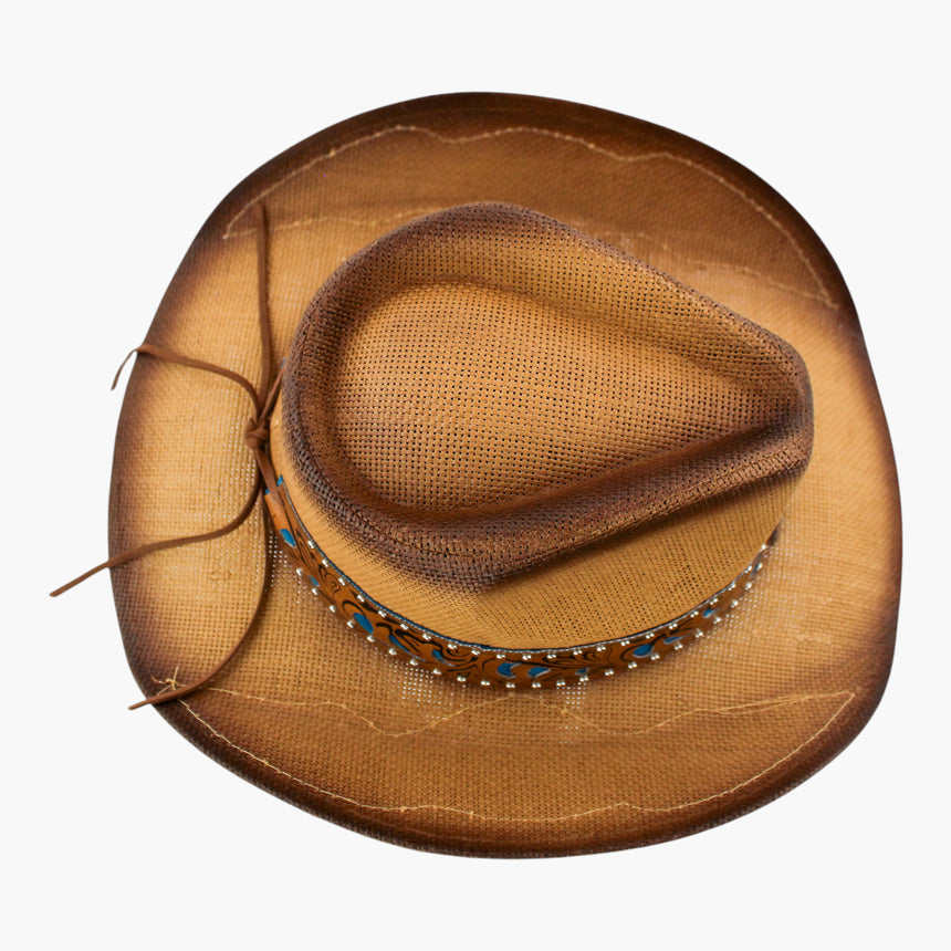 Blue-Tooled Straw Western hat, Camel colorway seen from above showing the deep butterscotch burn across the crown and brim