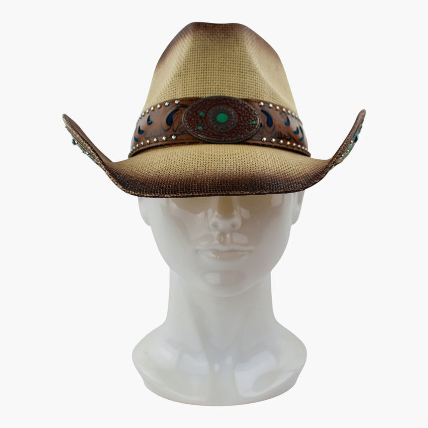 Blue-Tooled Straw Western hat, front view of the Natural colorway showing the concho on the pale body