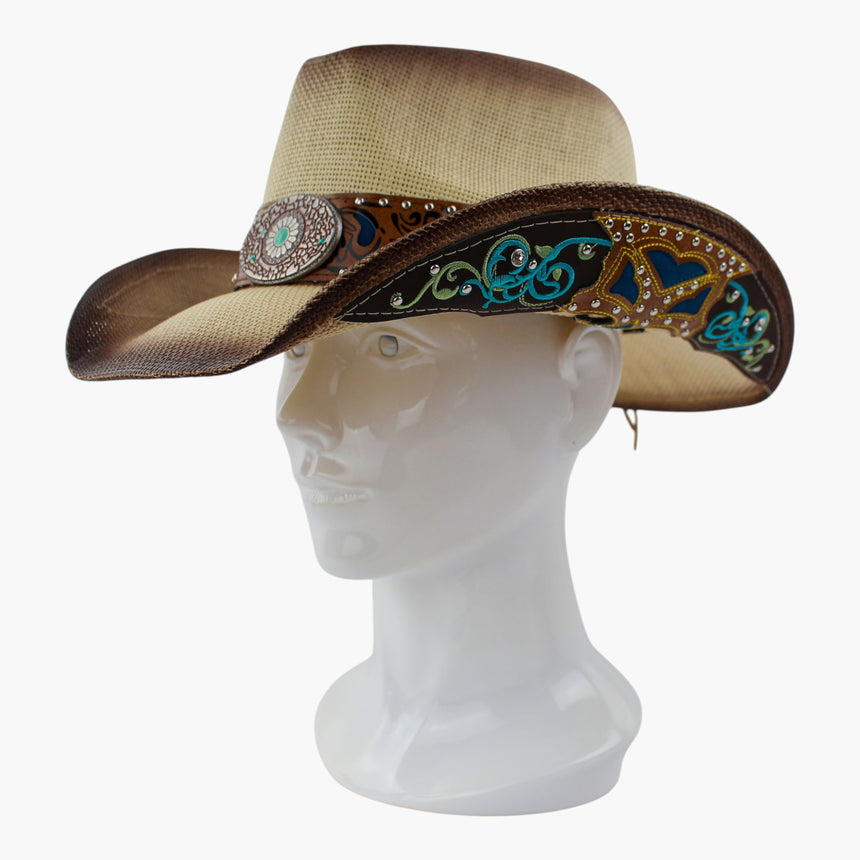 Blue-Tooled Straw Western hat, Natural colorway at a three-quarter angle showing the brim underside panel running to the tip