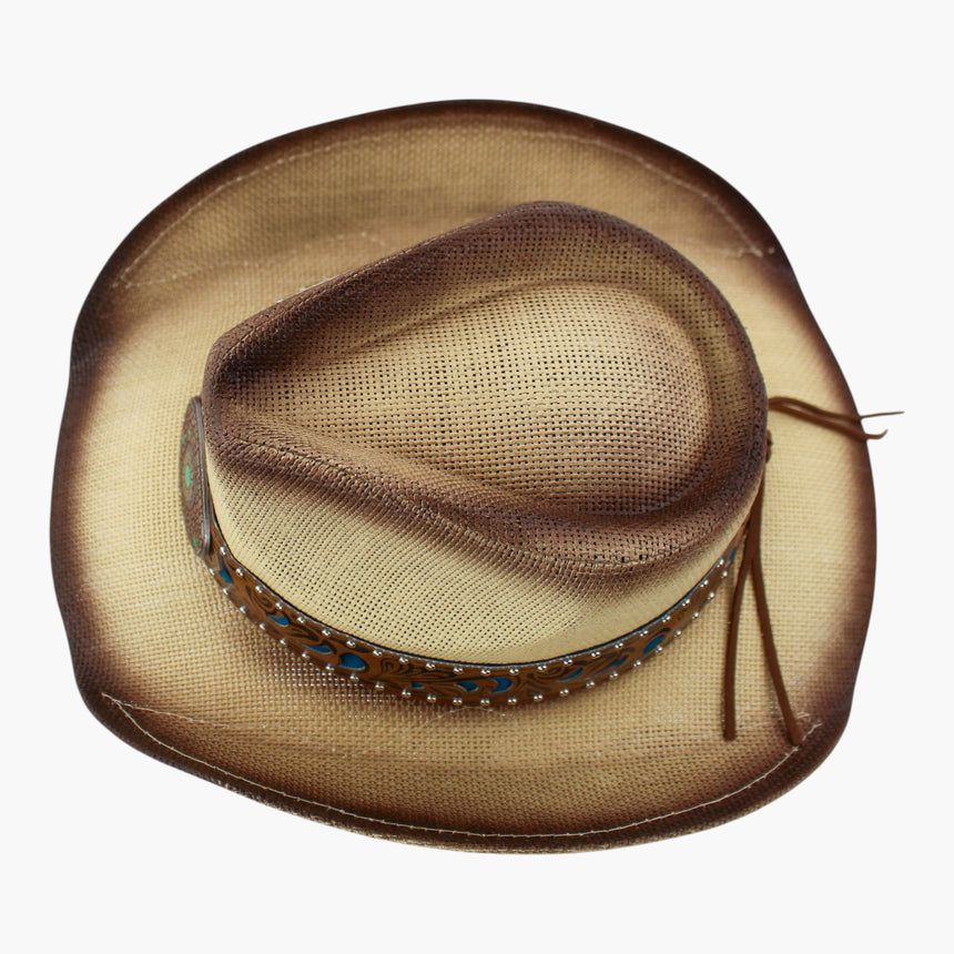 Blue-Tooled Straw Western hat, Natural colorway seen from above showing the studded band with the tie tails at the back