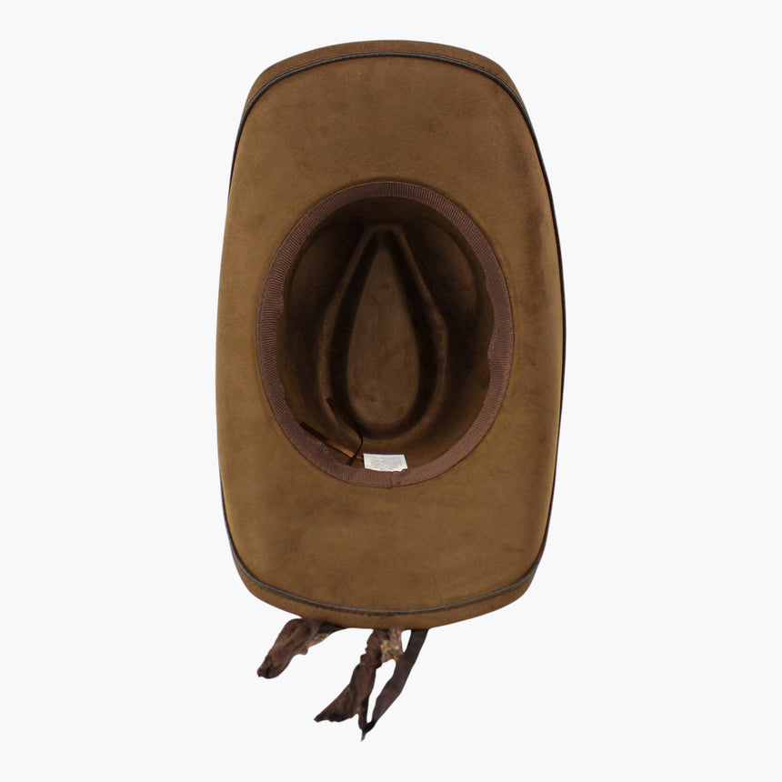Braided-Cord Faux-Suede Western hat, underside of the Chocolate colorway showing the sweatband ring inside the crown