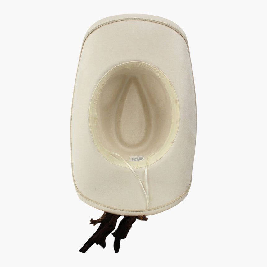 Braided-Cord Faux-Suede Western hat, underside of the Smoke colorway showing the pale sweatband ring in the cool gray lining