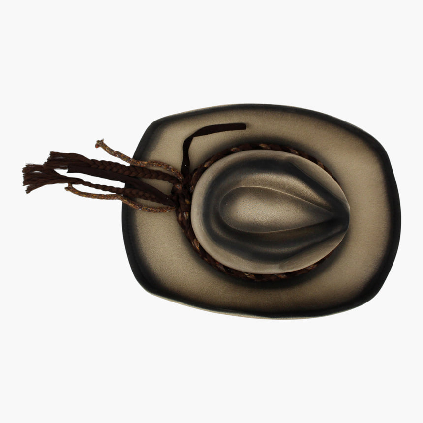 Braided-Cord Faux-Suede Western hat, Sand colorway seen from above showing the crease with the ties trailing on the brim