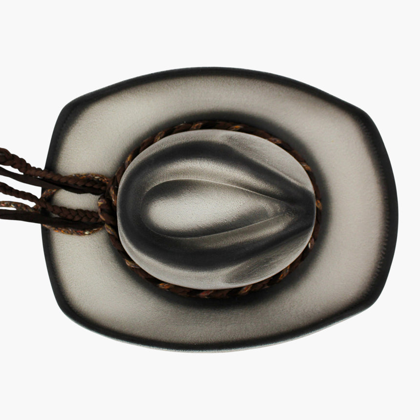 Braided-Cord Faux-Suede Western hat, Smoke colorway seen from above showing the band ring fully enclosed by the brim