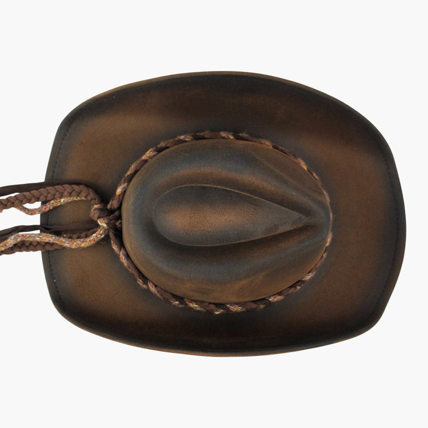 Braided-Cord Faux-Suede Western hat, Chocolate colorway seen from above showing the tassel ties fallen to the left brim