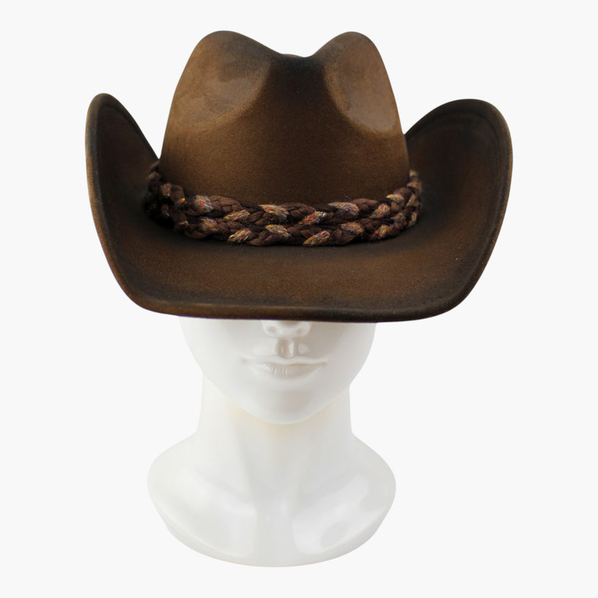 Braided-Cord Faux-Suede Western hat, front view of the Chocolate colorway showing the doubled braid crossing the band front