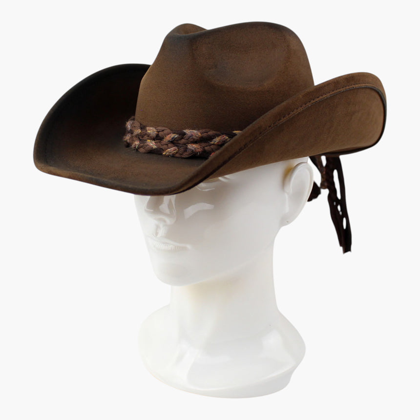 Braided-Cord Faux-Suede Western hat, Chocolate colorway at a three-quarter angle showing the two strands running side by side