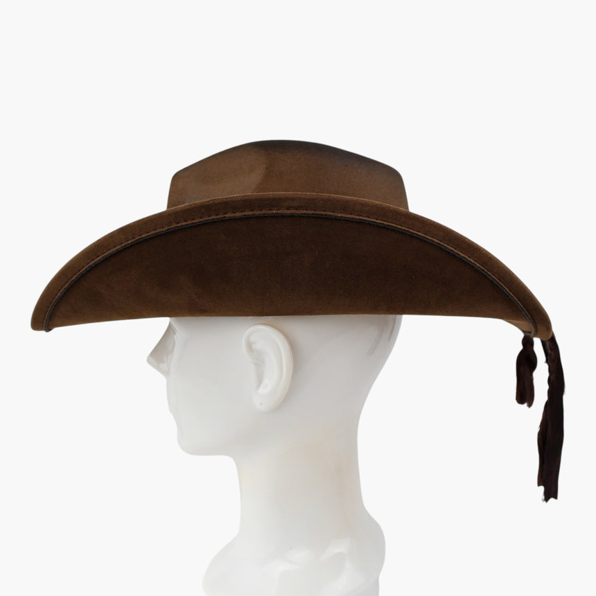 Braided-Cord Faux-Suede Western hat, Chocolate colorway in profile showing the straight side line and the tails behind