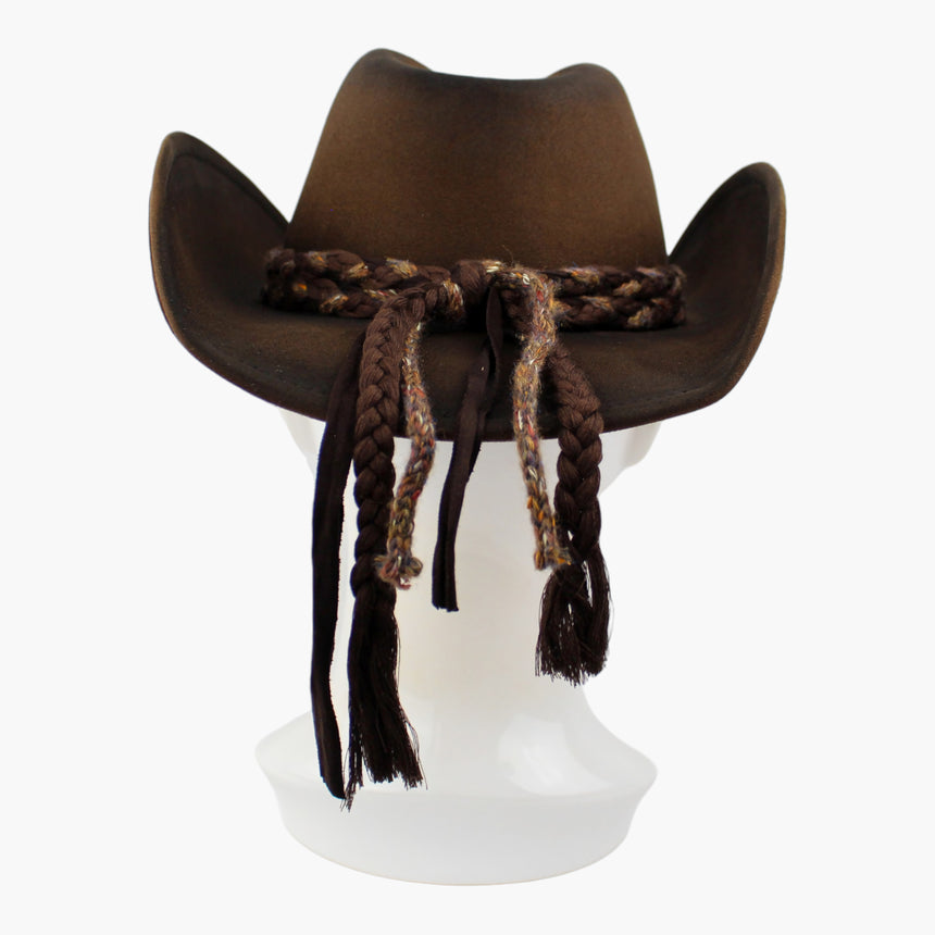 Braided-Cord Faux-Suede Western hat, back view of the Chocolate colorway showing the braid knotted into four tasseled tails