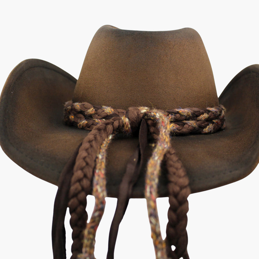 Braided-Cord Faux-Suede Western hat, Chocolate colorway in close-up showing the knot where both strands cross and split