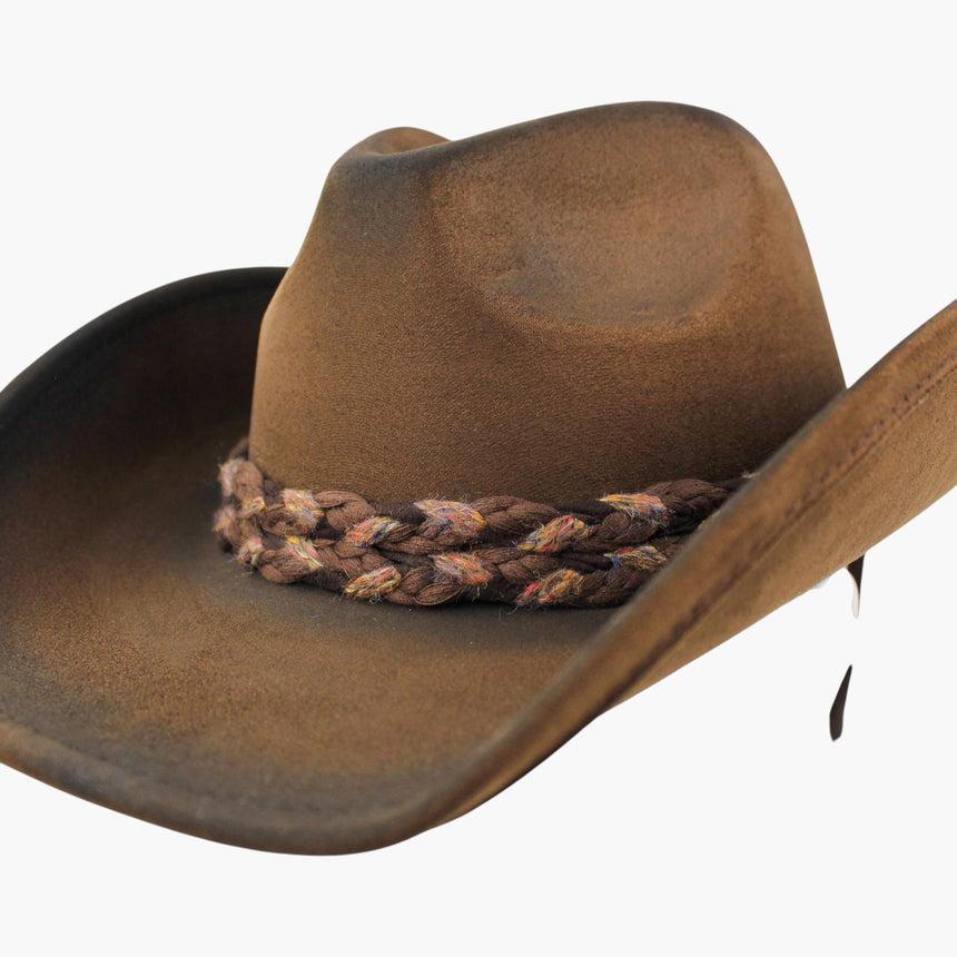 Braided-Cord Faux-Suede Western hat, Chocolate colorway in close-up showing the multicolor fleck woven through the braid