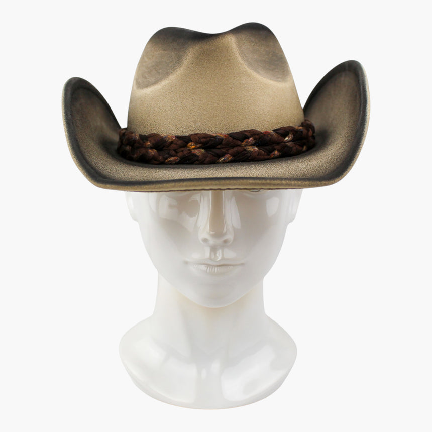 Braided-Cord Faux-Suede Western hat, front view of the Sand colorway showing the dark braid band on the pale crown
