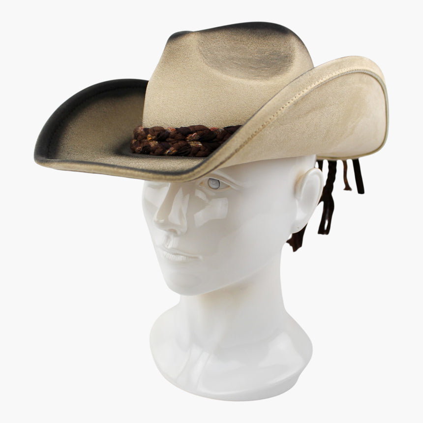 Braided-Cord Faux-Suede Western hat, Sand colorway at a three-quarter angle showing the burnished brim edge behind the band