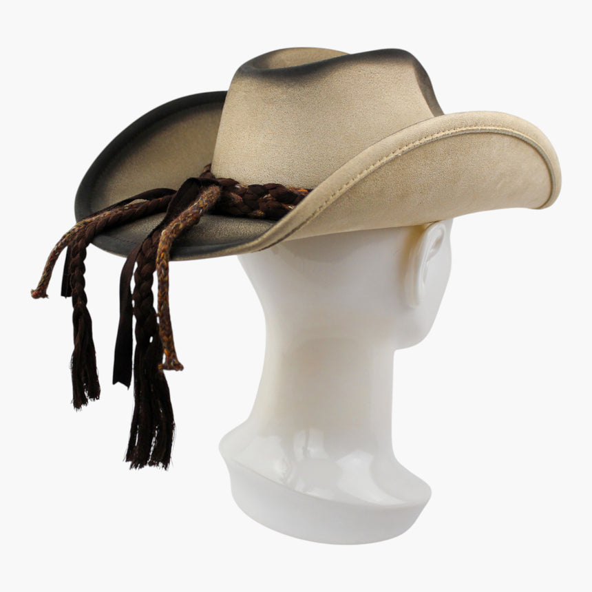 Braided-Cord Faux-Suede Western hat, Sand colorway at a rear three-quarter angle showing the tails cascading off the brim