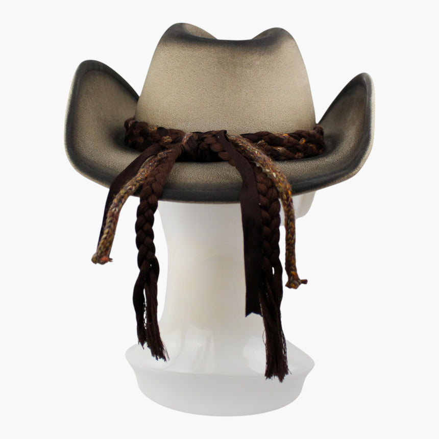 Braided-Cord Faux-Suede Western hat, back view of the Sand colorway showing the knot and its four tails hanging down