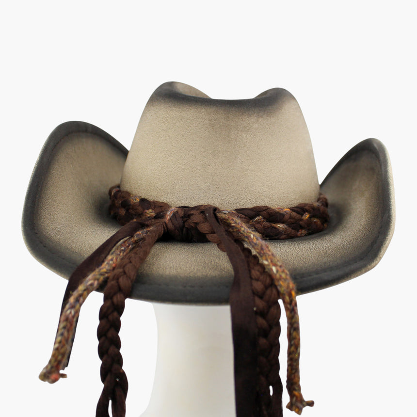 Braided-Cord Faux-Suede Western hat, Sand colorway in close-up showing the crossing strands of the back knot