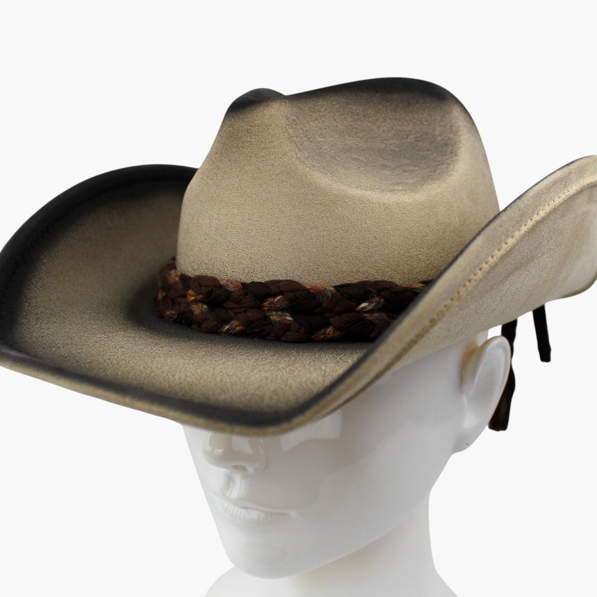 Braided-Cord Faux-Suede Western hat, Sand colorway in close-up showing the plait structure of the braid and its fleck