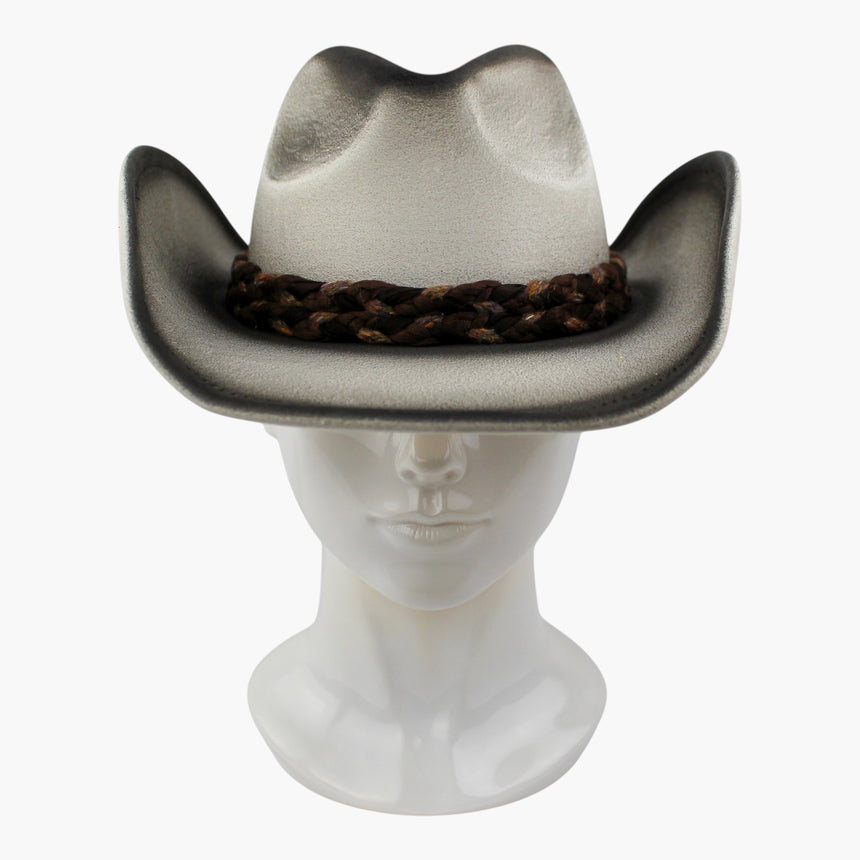 Braided-Cord Faux-Suede Western hat, front view of the Smoke colorway showing the warm braid band against the cool crown