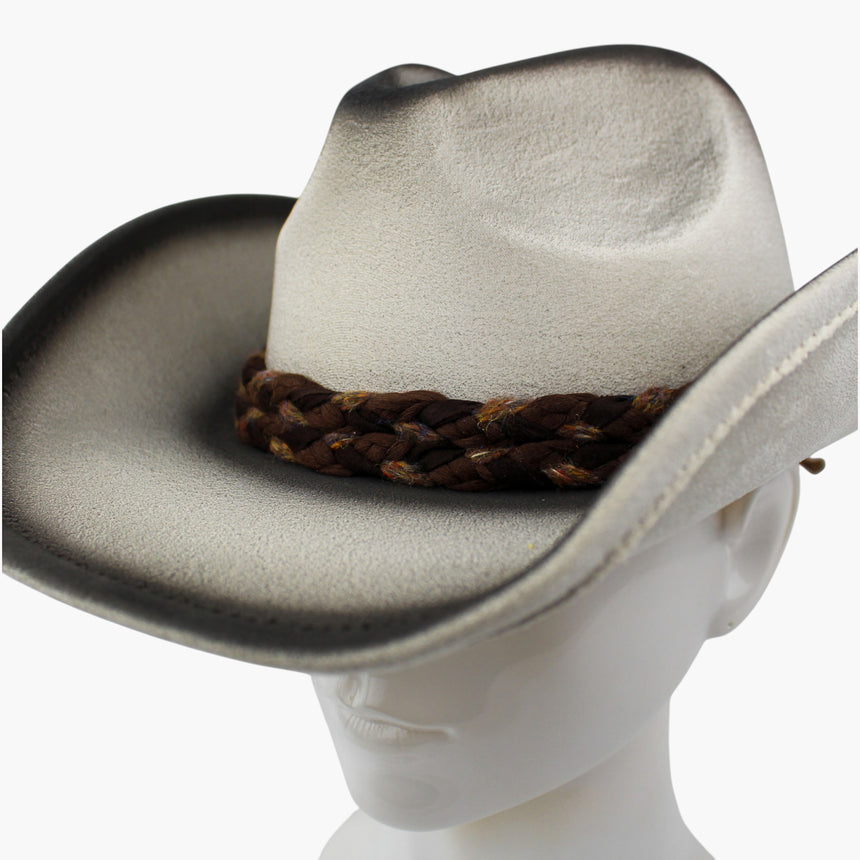Braided-Cord Faux-Suede Western hat, Smoke colorway in close-up showing the braid crossing the crown base beside the charcoal