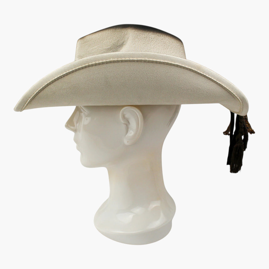 Braided-Cord Faux-Suede Western hat, Smoke colorway in profile showing the charcoal brim edge with the tails dropping behind