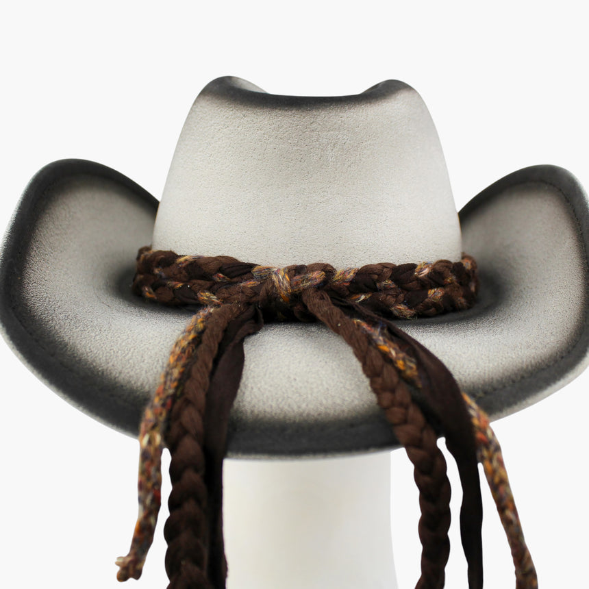 Braided-Cord Faux-Suede Western hat, Smoke colorway in close-up showing the back knot with all four tails cropped close