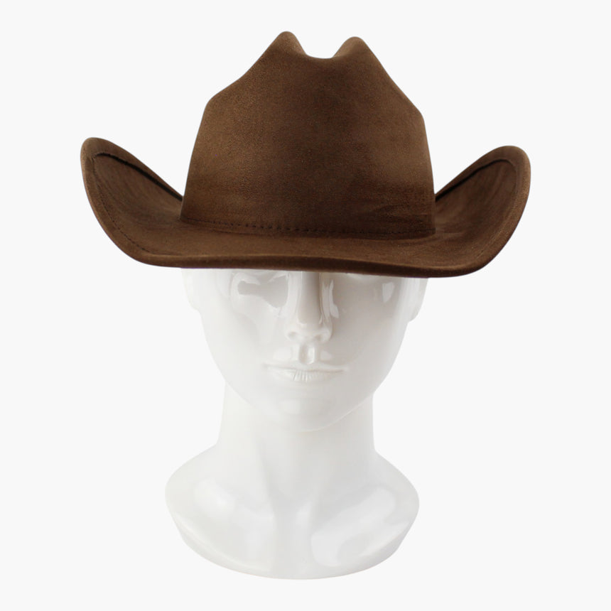 Brown Faux-Suede Western hat, front view showing the cattleman crease with both brim sides curling up