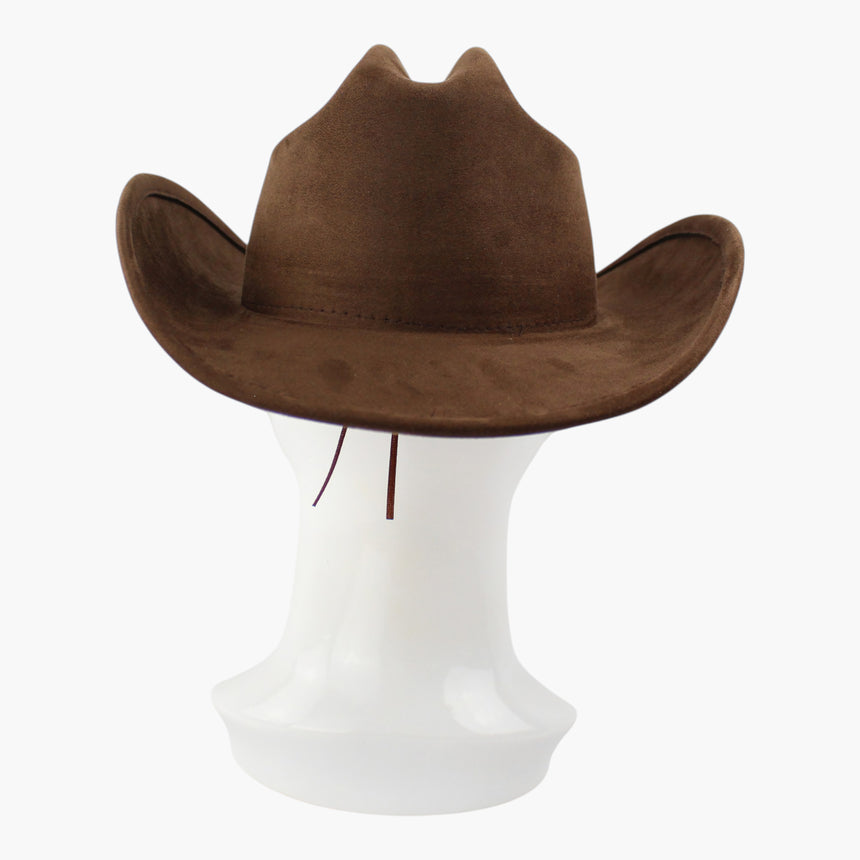Brown Faux-Suede Western hat, back view showing the two adjuster cord tails hanging free below the brim