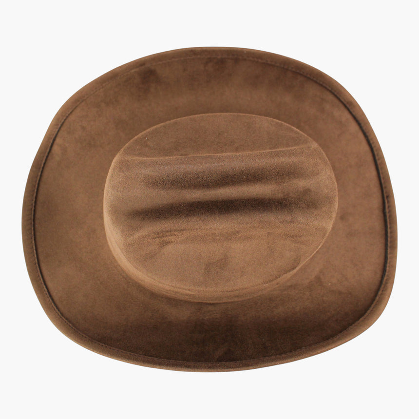 Brown Faux-Suede Western hat, seen from above showing the two side dents pressed either side of the crease