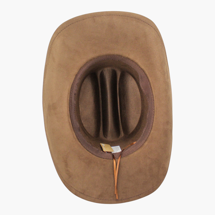 Brown Faux-Suede Western hat, underside showing the care label stitched into the sweatband beside the cord