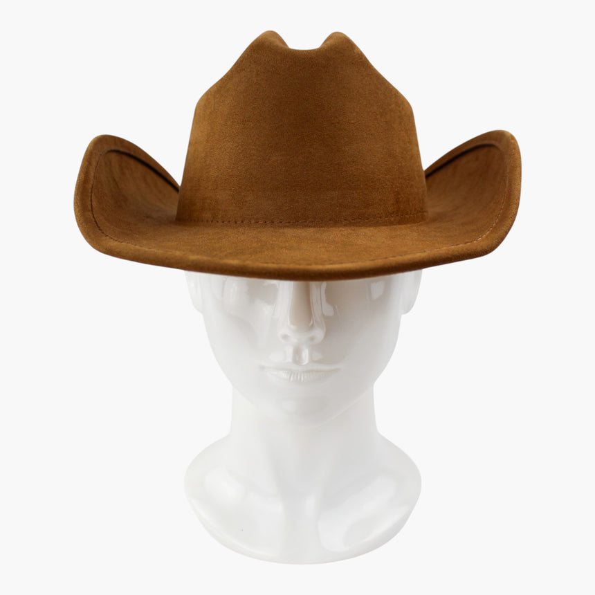 Camel Faux-Suede Western hat, front view showing the cattleman crease above the unbanded crown base
