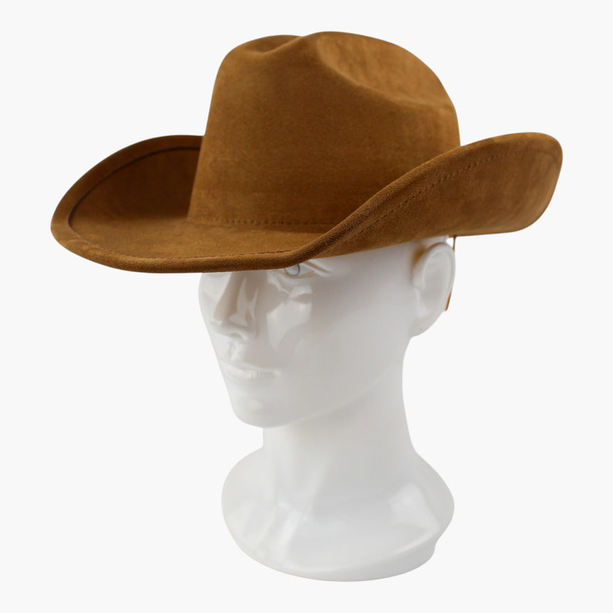 Camel Faux-Suede Western hat, at a three-quarter angle showing the upward roll of the brim with the crown front still showing