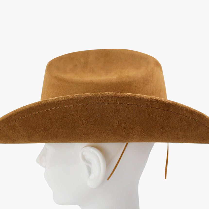 Camel Faux-Suede Western hat, in profile showing the adjuster cord hanging down behind the ear from under the brim