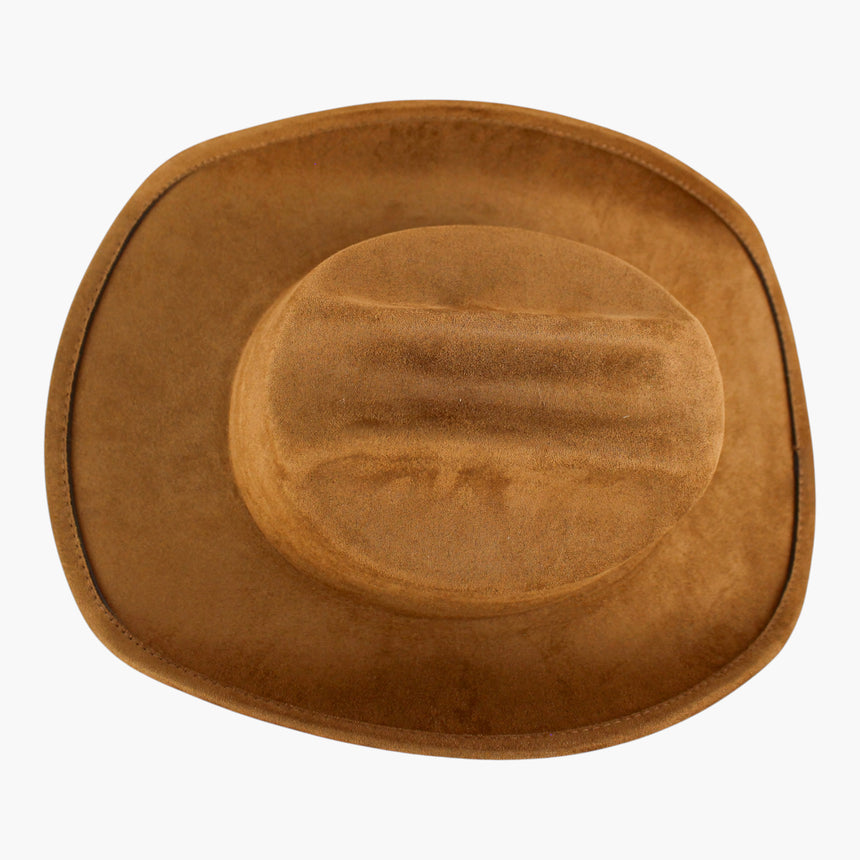 Camel Faux-Suede Western hat, seen from above showing the crease and the bare crown base circling below it