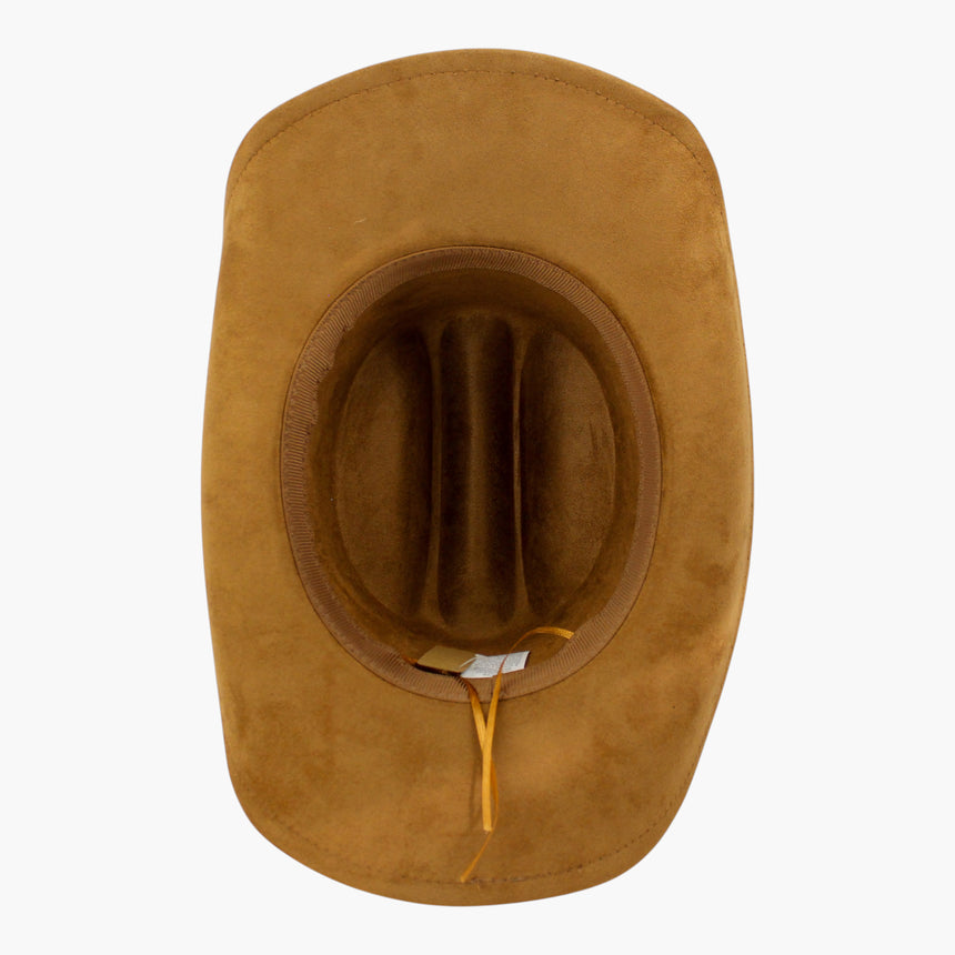 Camel Faux-Suede Western hat, underside showing the sweatband with the adjuster cord looping out at the back