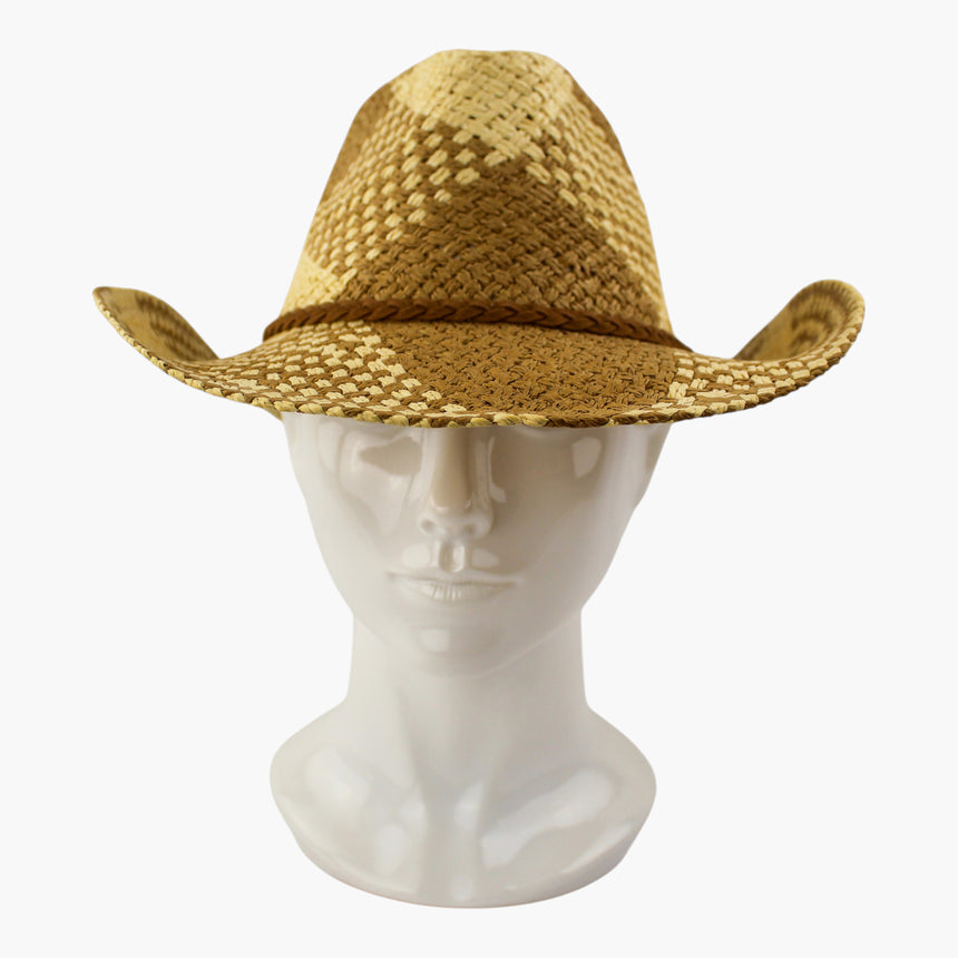 Checkerboard-Weave Straw Western hat, front view showing the braided cord tie at the crown base