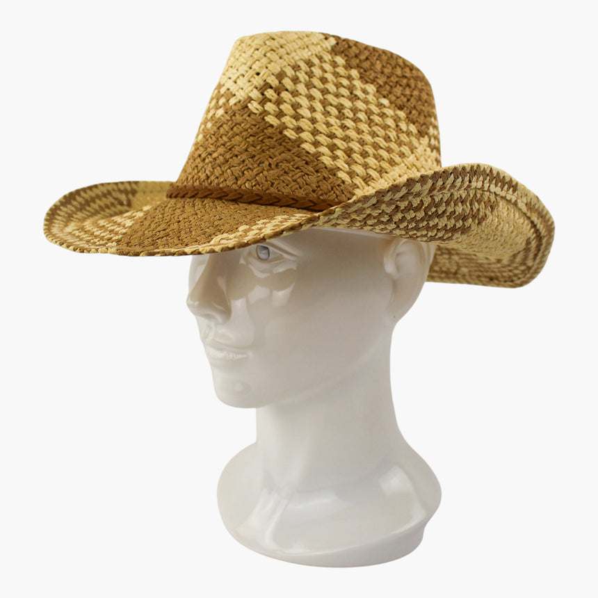 Checkerboard-Weave Straw Western hat, at a three-quarter angle showing the checkerboard weave stepping across the brim