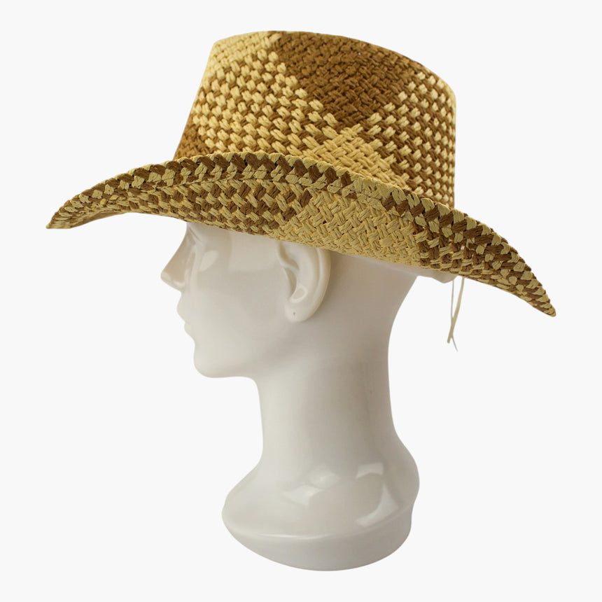 Checkerboard-Weave Straw Western hat, in profile showing the deep upturned brim edge and the cord tie running back