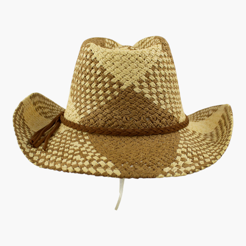 Checkerboard-Weave Straw Western hat, front view showing the knotted tassel end of the cord tie