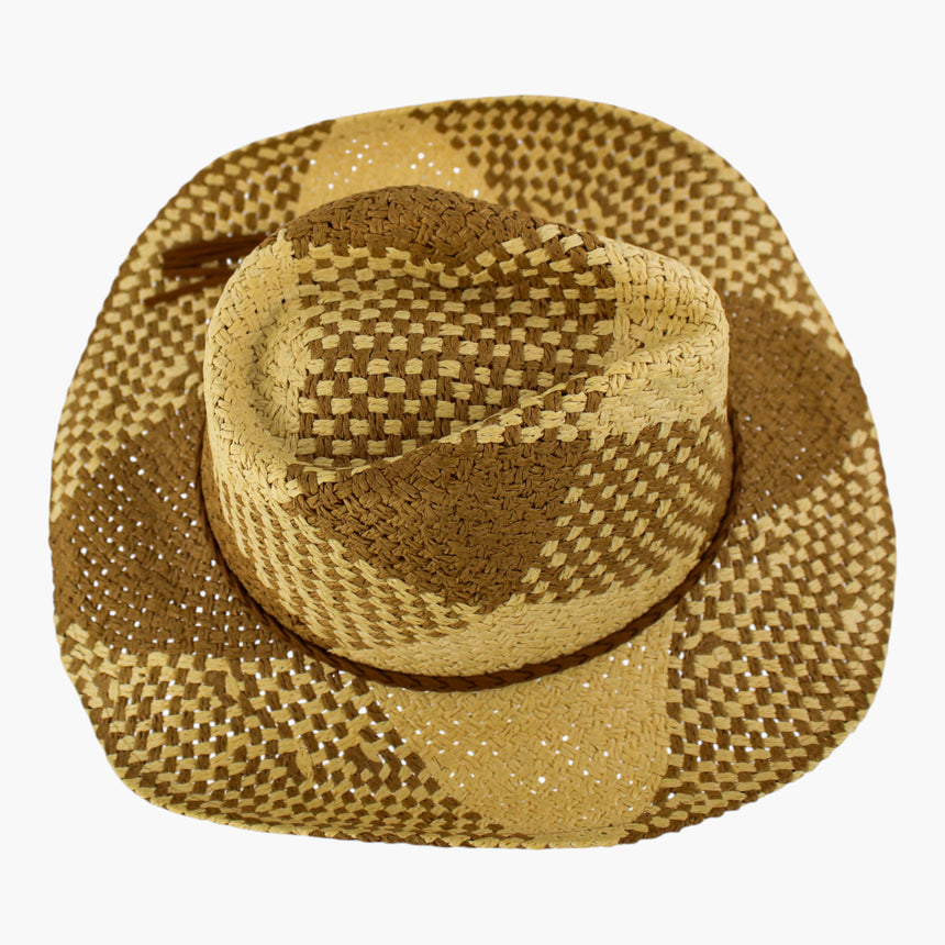 Checkerboard-Weave Straw Western hat, seen from above showing the checkerboard pattern radiating over the brim