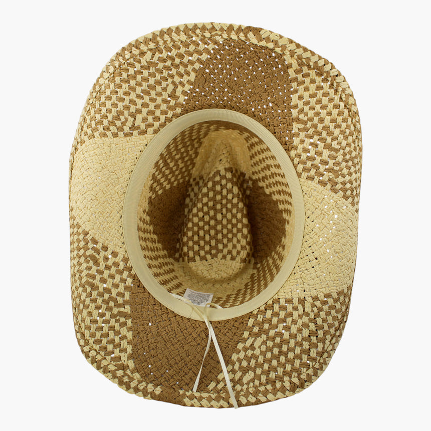 Checkerboard-Weave Straw Western hat, underside showing the grosgrain sweatband ring and the adjuster cord