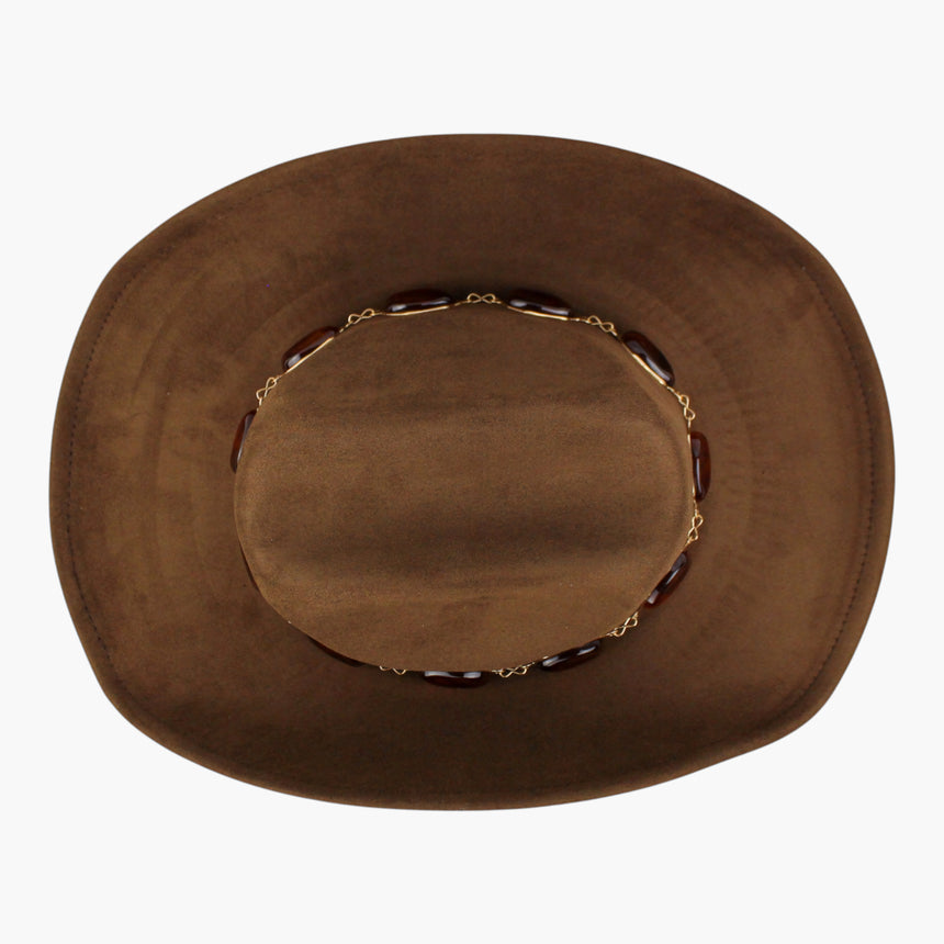 Chunk-Cabochon Faux-Suede Western hat, Chestnut colorway seen from above showing the chain band ringing the crown