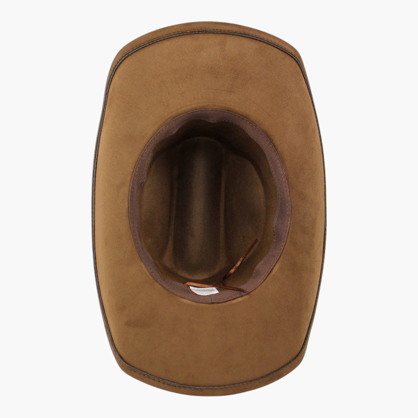 Chunk-Cabochon Faux-Suede Western hat, underside of the Chestnut colorway showing the sweatband and adjuster cord inside