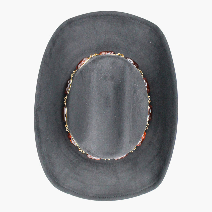 Chunk-Cabochon Faux-Suede Western hat, Black colorway seen from above showing the marbled cabochons from directly overhead