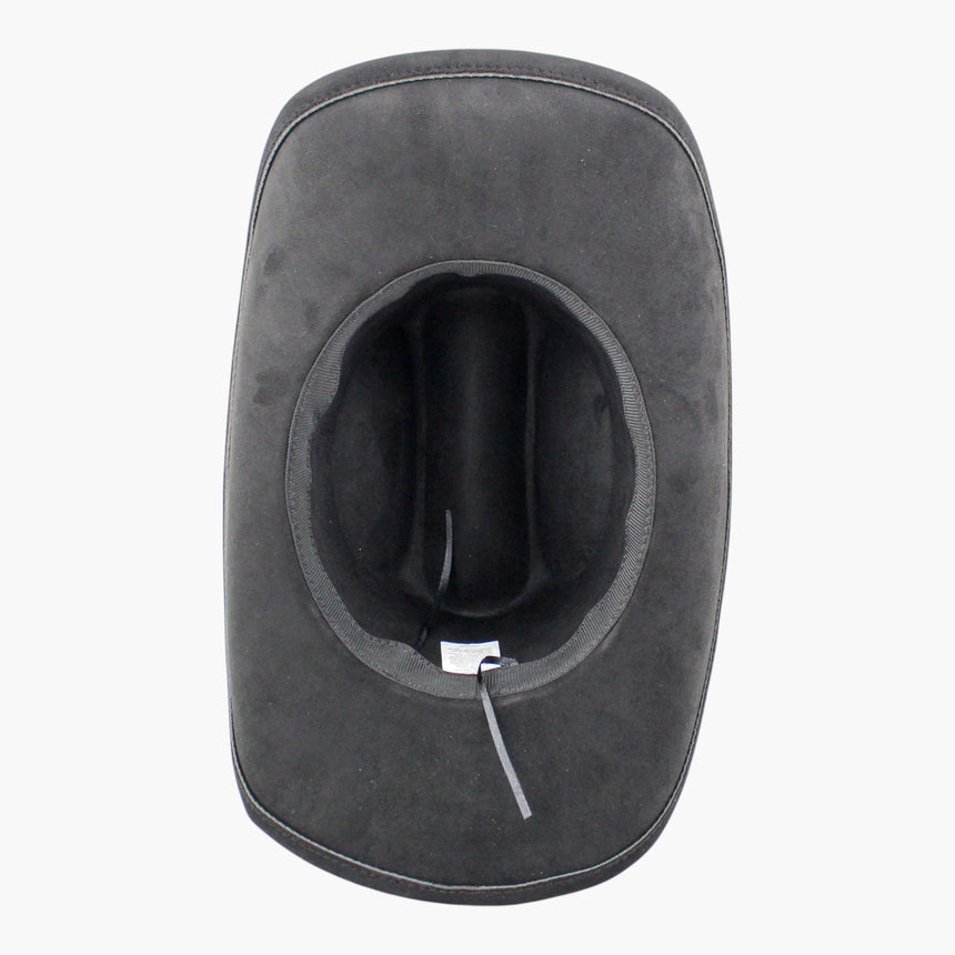 Chunk-Cabochon Faux-Suede Western hat, underside of the Black colorway showing the adjuster cord tied through the sweatband