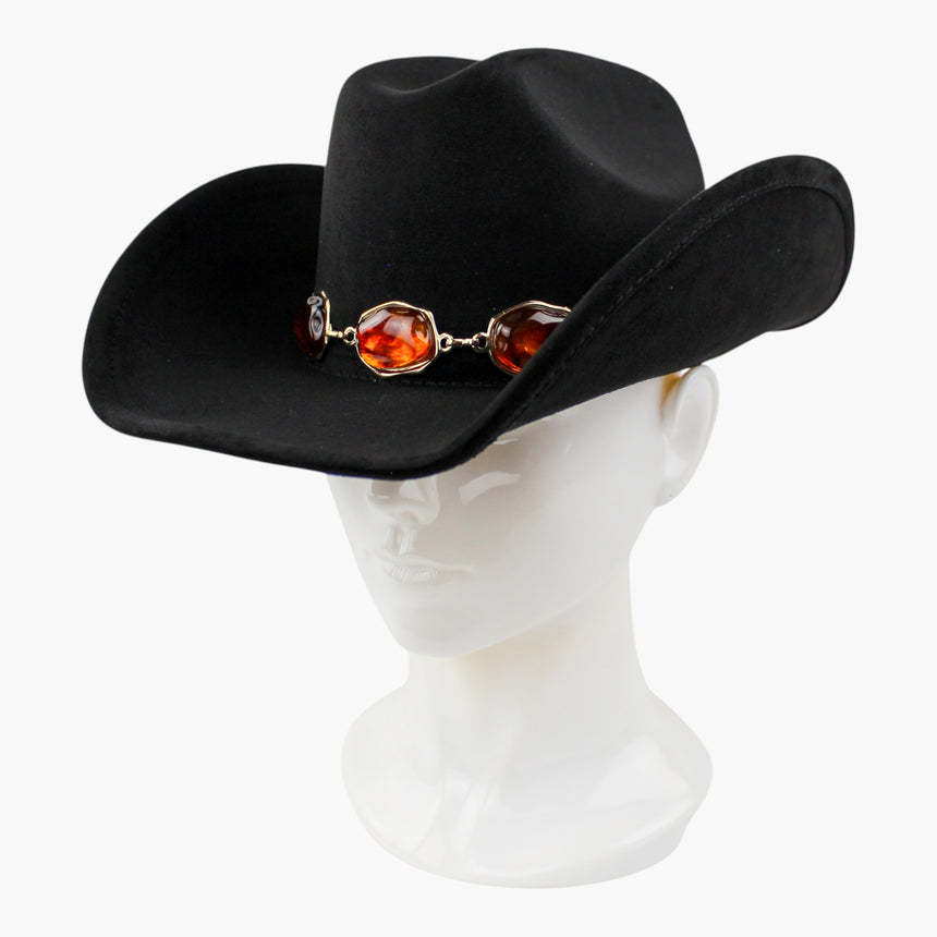 Chunk-Cabochon Faux-Suede Western hat, Black colorway at a three-quarter angle showing the band curving down to meet the brim