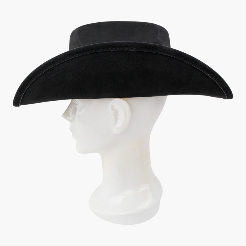 Chunk-Cabochon Faux-Suede Western hat, Black colorway in profile showing the crown height above the rolled brim