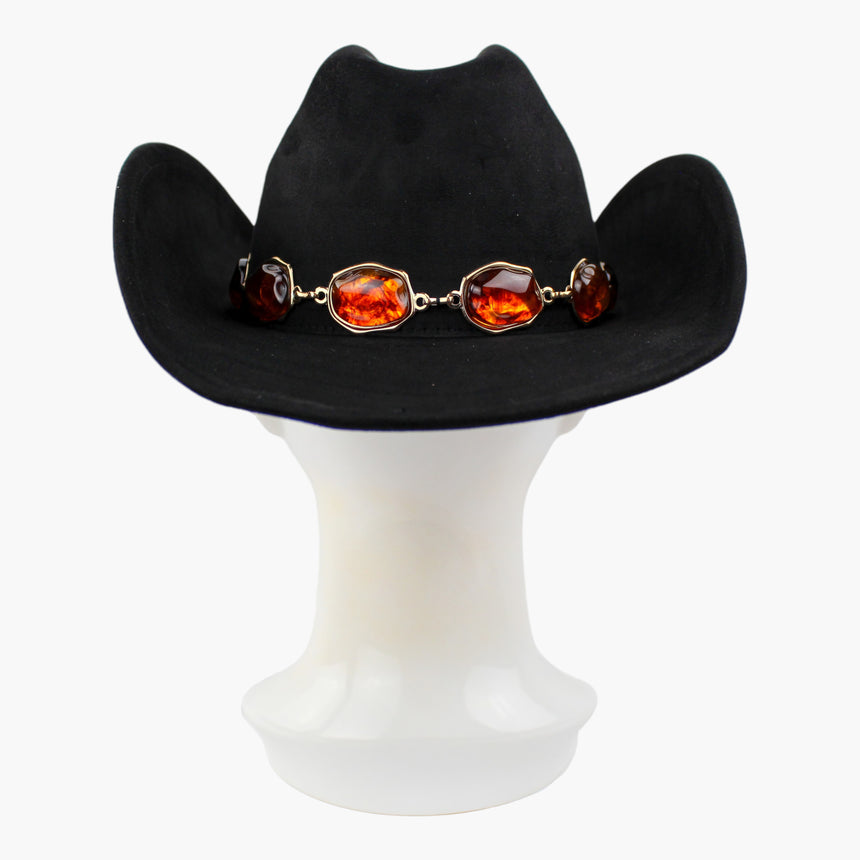 Chunk-Cabochon Faux-Suede Western hat, back view of the Black colorway showing the bar link joining the band at the back