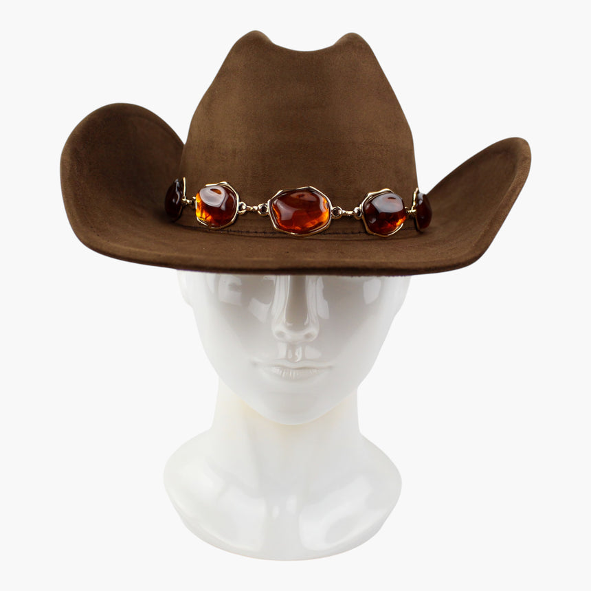 Chunk-Cabochon Faux-Suede Western hat, front view of the Chestnut colorway showing the largest cabochon at center front