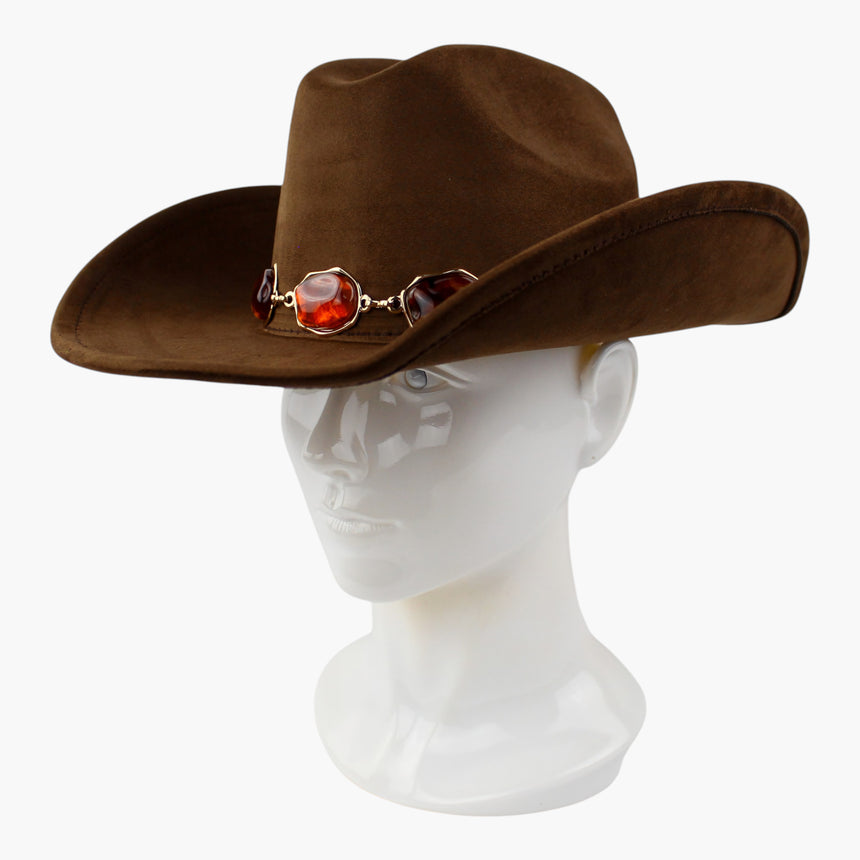 Chunk-Cabochon Faux-Suede Western hat, Chestnut colorway at a three-quarter angle showing the chain links between cabochons